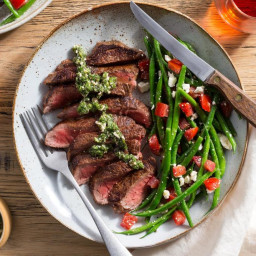 Steak with arugula salsa verde and green bean–feta salad