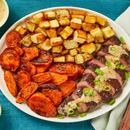 Steak with Creamy Thyme Sauce plus Roasted Potatoes & Carrots
