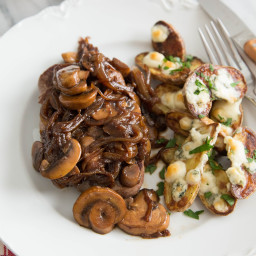Steak with Drunken Mushrooms, Caramelized Onions and Roasted Blue Cheese Po