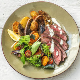 Steakhouse-Style New York Strip with Fingerling Potatoes, Green Salad, and 