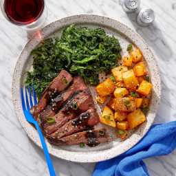 Steaks & Black Bean-Butter Sauce with Miso Kale & Spicy Roasted Pot