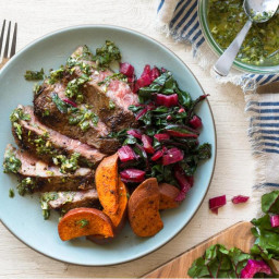 Steaks with chimichurri and harissa-roasted sweet potatoes