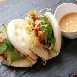 Steamed Buns with Tempura King Oyster Mushrooms and Agave-Miso Mayonnaise (