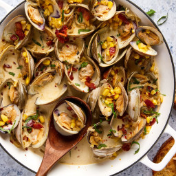 Steamed Clams with Bacon, Corn, and Basil