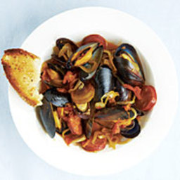 Steamed Mussels with Chorizo, Smoked Paprika, and Garlicky Croutons
