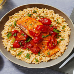 Steelhead Trout over Basil Parm Risotto with Burst Tomatoes