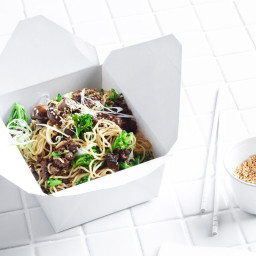 Sticky beef noodles with sesame mushrooms