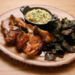 Sticky Brick Chicken with Creamed Corn and Crispy Kale
