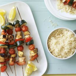 Sticky chicken and vegetable kebabs with couscous