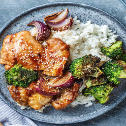 Sticky Hoisin Chicken Thighs with Roasted Broccoli and Red Onion