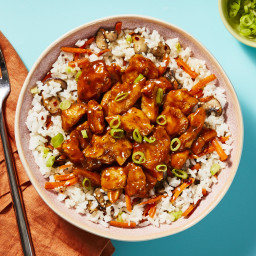 Sticky-Spicy Chicken & Sesame Rice Bowls with Mushrooms & Carrots