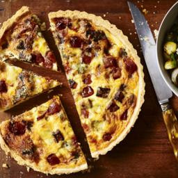 Stilton and butternut squash quiche with roast sprouts