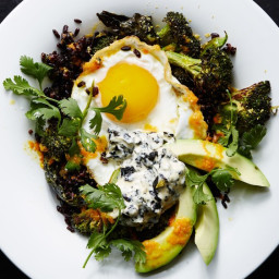 Stir-Fried Black Rice with Fried Egg and Roasted Broccoli