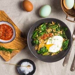 Stir Fried Farro with Garlicky Kale and Poached Egg