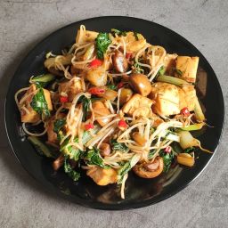Stir fried tofu with bean sprouts and mushrooms-easy, tasty, and healthy