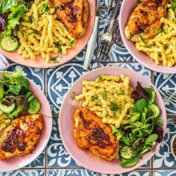 Stovetop Barbecue Chicken with Mac ’n’ Cheese and a Green Salad