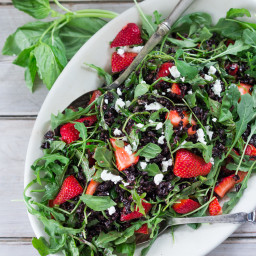 Strawberry Arugula salad with basil, black rice and goat cheese