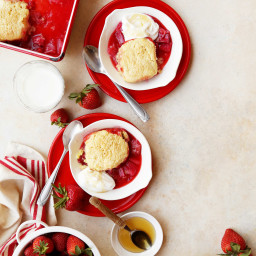 Strawberry Rhubarb Cobbler with Cornmeal Biscuits and Honeyed Cream