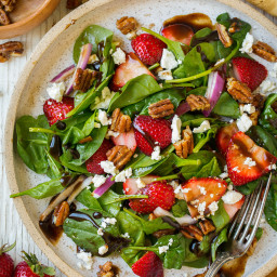 Strawberry Spinach Salad with Candied Pecans Feta and Balsamic Vinaigrette