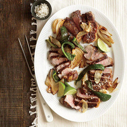 Strip Steak with Onions and Poblanos