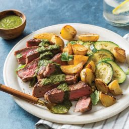 Strip Steaks and Vegetables with Spicy Chimichurri