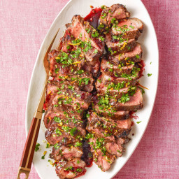 Strip Steaks with Pomegranate Sauce & Ginger Gremolata
