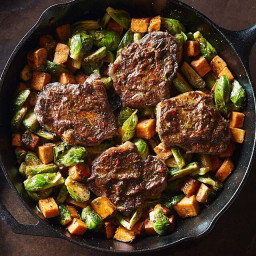 Strip Steaks with Smoky Cilantro Sauce and Roasted Vegetables