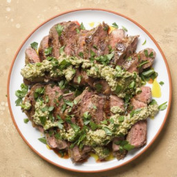 Strip Steaks with Walnut, Parsley and Caper Sauce
