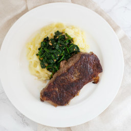 Striploin Steak with Mashed Potatoes and Garlicky Spinach Sauté