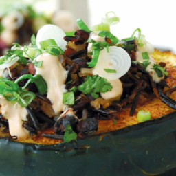 Stuffed Acorn Squash with Black Beans, Rice and Adobo Cream