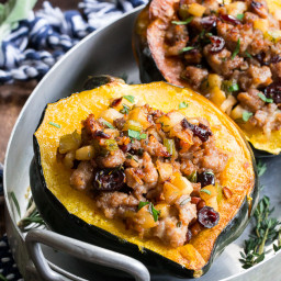 Stuffed Acorn Squash with Sausage Apples and Cranberries {Paleo, Whole30}