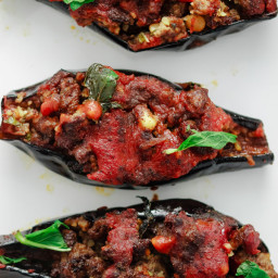 Stuffed Baby Eggplant with Spiced Ground Beef, Bulgur and Pine Nuts