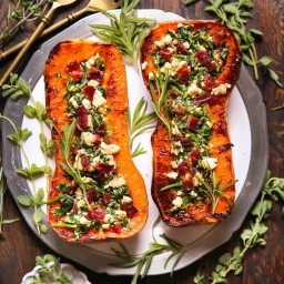 Stuffed Butternut Squash with Feta Cheese, Spinach, and Bacon
