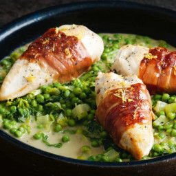Stuffed chicken with prosciutto and French braised peas