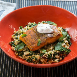 Sumac-Spiced Salmon and Labnehwith Freekeh, Kale and Almond Salad