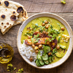 Summer Coconut Chickpea Curry with Rice and Fried Halloumi.