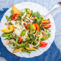 Summer Salad with Shredded Chicken, Peaches, Tomatoes, Burrata, and Herby V