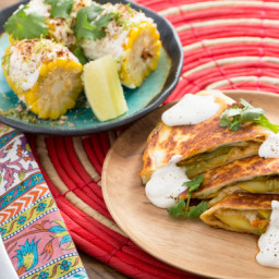 Summer Squash and Squash Blossom Quesadillaswith Mexican-Style Corn on the 