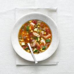 Summer Tomato Soup With Shrimp, Zucchini, and Corn