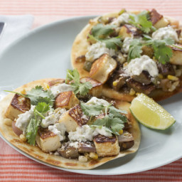 Summer Vegetable and Queso Tostadaswith Fairy Tale Eggplants and Spicy Crem
