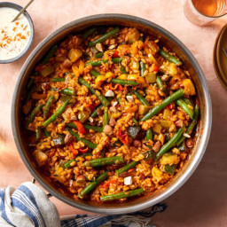 Summer Vegetable Paella with Saffron & Pickled Pepper Aioli
