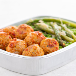 Sun-Dried Tomato Pork Meatballs with Parmesan Asparaguseasy prep and pan in