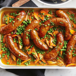 Super-easy curried sausage tray bake recipe