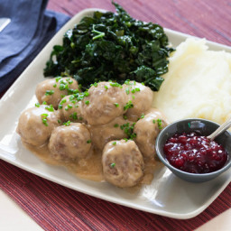 Swedish Meatballs and Braised Kalewith Lingonberry Jam and Creamy Mashed Po
