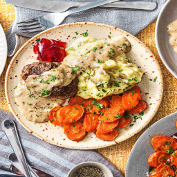 Swedish Meatloaves with Mashed Potatoes, Roasted Carrots, and Currant Jam