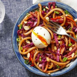 Sweet & Spicy Udon Stir-Fry with Cabbage, Peppers & Soft-Boiled Egg