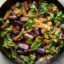 Sweet and Sour Eggplant With Garlic Chips