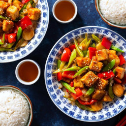 Sweet and Sour Tofu with Water Chestnuts, Snap Peas, and White Rice