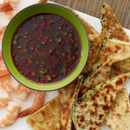 Sweet-and-Spicy Asian Dipping Sauce with Sesame-Scallion Flatbread and Shri