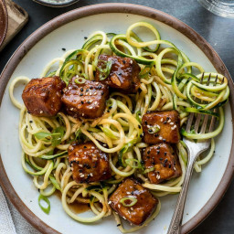 Sweet and Spicy Crispy Tofu with Zucchini Noodles